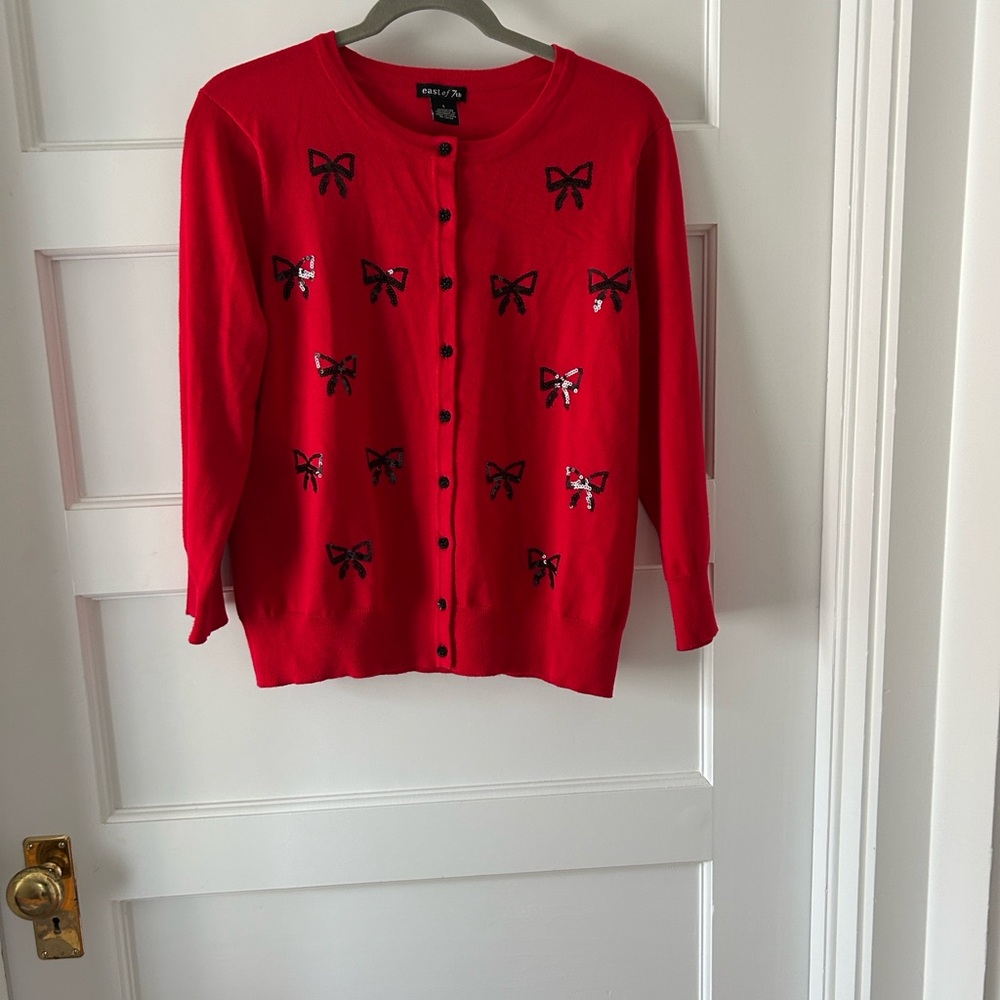 Red Cardigan with Black Sequin Bows